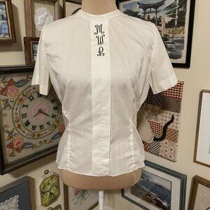 60s Judy Bond Womens Short Sleeves Button-Back Monogrammed Fitted Blouse Size L